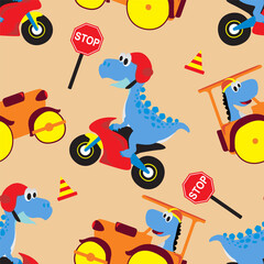 Seamless pattern vector of funny dinosaur on a motocross bike. Creative vector childish background for fabric, textile, nursery wallpaper, card, poster and other decoration.
