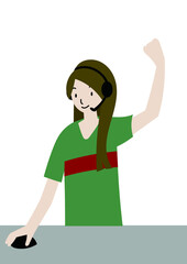 eスポーツ・オンラインゲーム対戦で勝利し、ガッツポーズをする女性（表情あり）