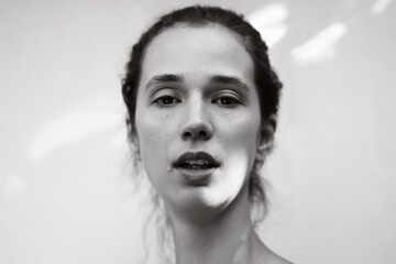 Black and white portrait of crying woman