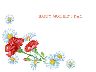 Hand drawing isolated watercolor floral illustration with red carnation and daisy flowers. Elements for Mother's day. 
