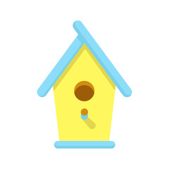 Bright yellow birdhouse with blue roof, isolated on white background. Nature, protection of birds and animals. International Bird Day. Spring vector illustration in flat style. Cartoon style