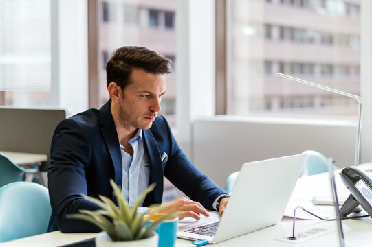Focused businessman working on laptop in office