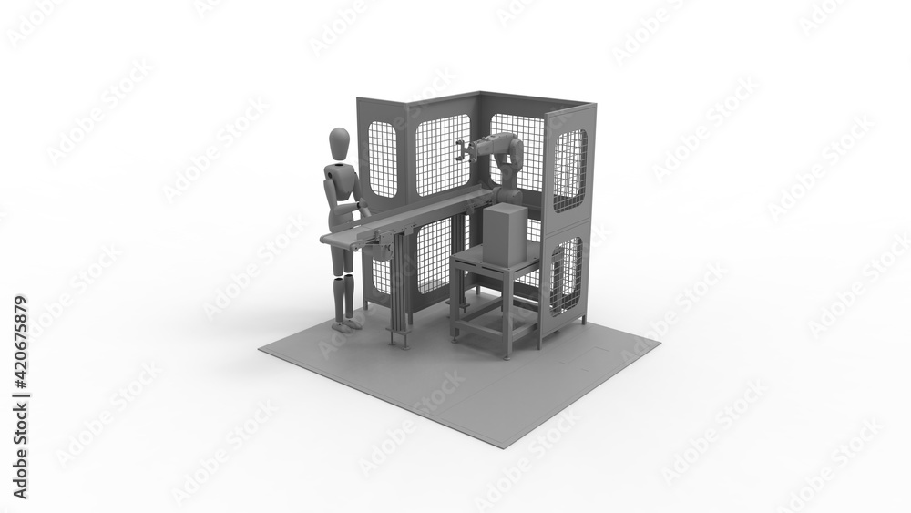 Poster 3d rendering of a factory assembly line worker dummy on a conveyor belt, with robotic assistance.