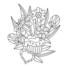 Coloring book. A bouquet of flowers, a cupcake and a heart. Hand drawn vector illustration