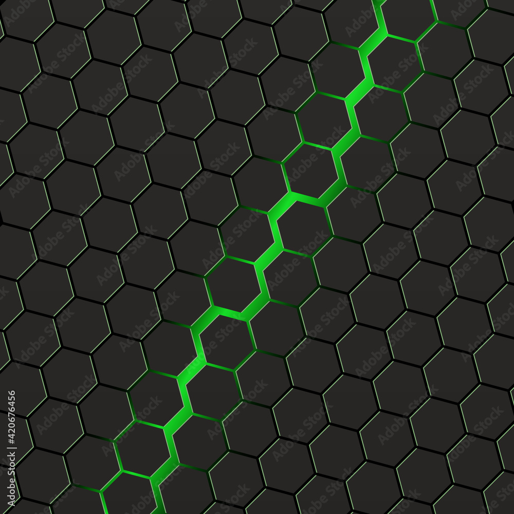 Poster Black hexagons with green background. Cyber game backdrop.