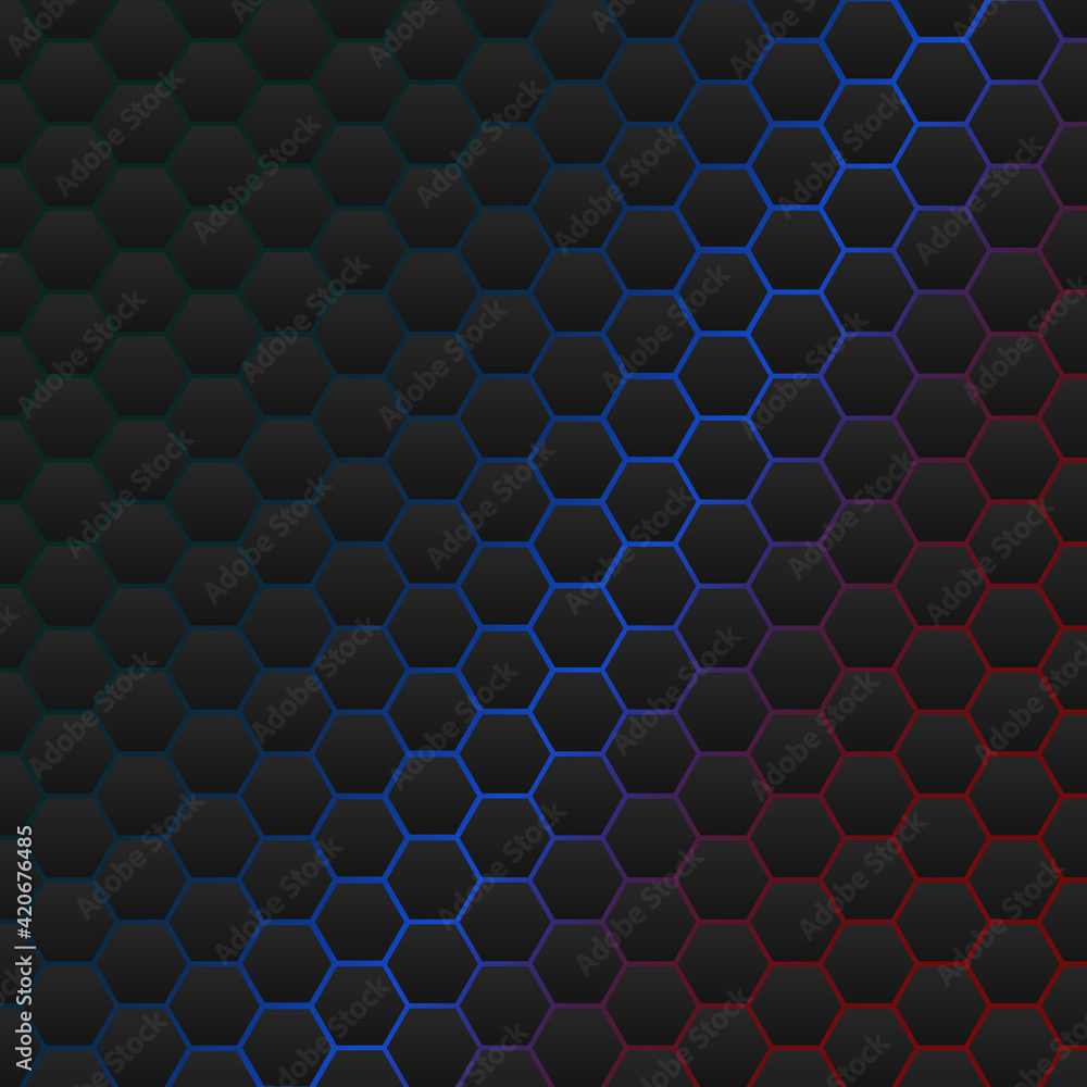 Poster black hexagons with blue and red background. cyber game backdrop.