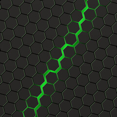 Black hexagons with green background. Cyber game backdrop.