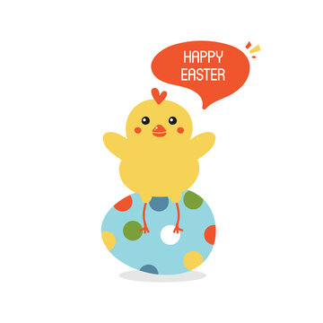 Happy Easter vector card, illustration with cute cartoon style chicken sitting on decorated Easter egg.