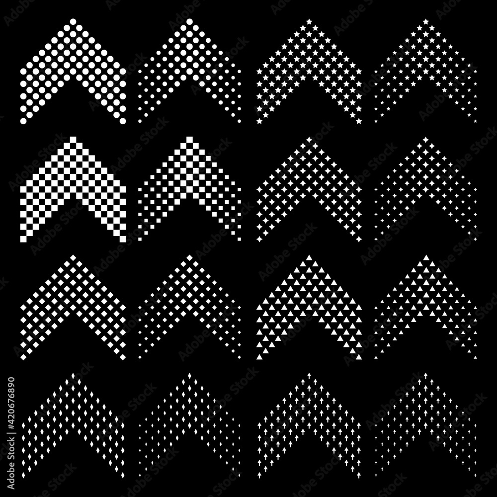 Poster set of different arrows with halftone effect. dots, squares, rhombus, stars and arrows in groups.