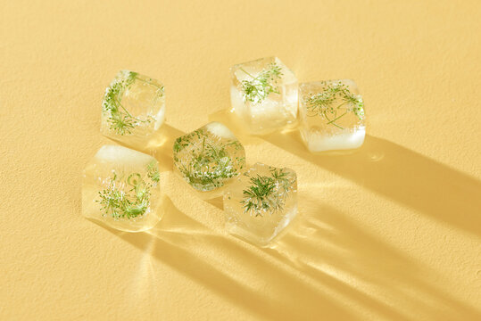 small, white flowers in ice cubes on a yellow background