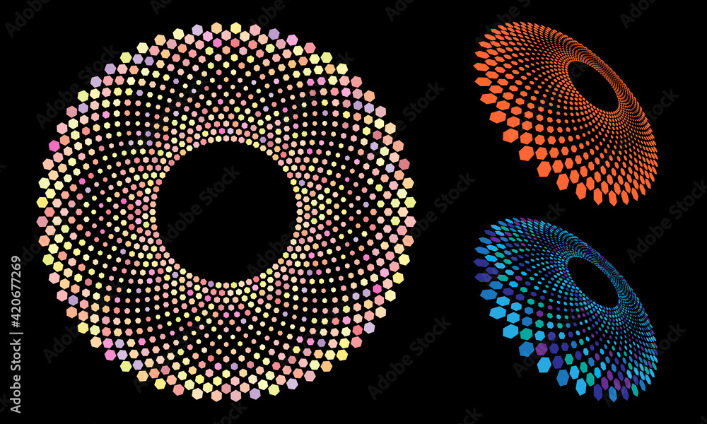 Poster Abstract halftone circles with hexagons. Different perspective and colors good as logo or icon.