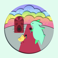 Easter illustration. Paper cut effect card. Fun and charming karaoke. The Easter Bunny and Chicken are singing their favorite Easter songs. Notes and rainbow clouds fly around