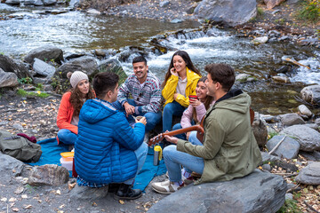 Friends doing picnic and playing guitar outdoors