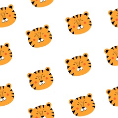 Obraz na płótnie Canvas Seamless pattern with cartoon tigers. vector flat style. hand drawing. design for fabric, textile, print, wrapper