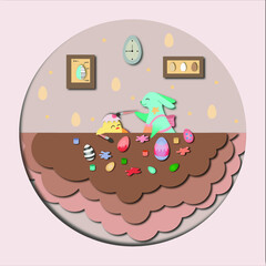 Easter illustration. Paper cut effect card. Easter bunny and chick paint Easter eggs in different colors. Beautiful colorful eggs and various paints are on the table