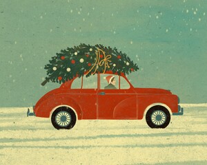 Retro car with Christmas tree