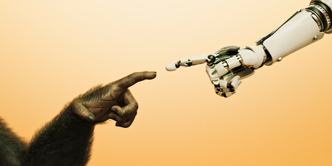 Robot hand reaching out finger to touch hand of chimpanzee