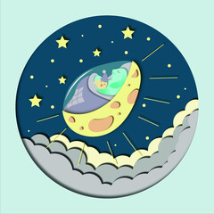 Easter illustration. Paper cut effect card. The Easter bunny and chicken went to bed. The bed is made in the shape of a fantastic space egg-moon. Big and small stars fly around.