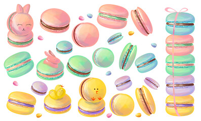 Set with different spring Easter macaroons. Illustration for restaurant and cafe menu