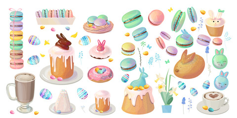 Big set with festive desserts for Easter. Cakes, painted eggs and spring traditional sweets isolated on white background.  Blue and green color. Illustration for restaurant and cafe menu.