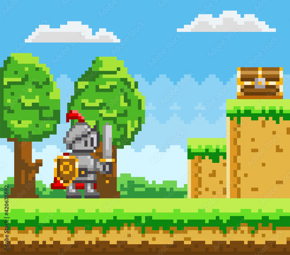 Poster pixel art style character in video game. man with sword and shield fighting for prizes in chest