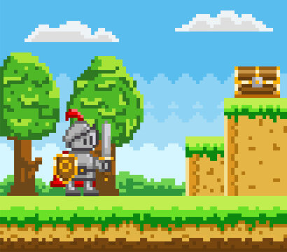 Pixel art style character in video game. Man with sword and shield fighting for prizes in chest