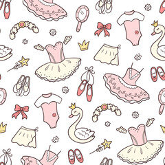 Seamless pattern for little ballerina with ballet accessories. Hand drawn tutu, pointes, ballet dress, swan, crown. Vector illustration in doodle style on white background © Elena Pimukova