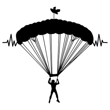 Parachutist in flight vector silhouette with heart beat illustration isolated on white background.