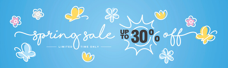 Fototapeta na wymiar Spring Sale up to 30 % off handwritten typography lettering line design colorful flowers butterflies tulips blue greeting card
