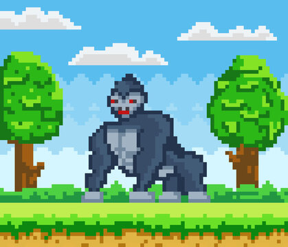 Vector pixelated Gorilla cartoon pixel design wild animal in natural landscape with green trees