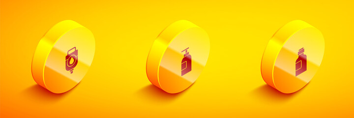 Obraz premium Set Isometric IV bag, Hand sanitizer bottle and Bottle of medicine syrup icon. Vector