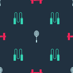 Set Dumbbell, Tennis racket and Jump rope on seamless pattern. Vector