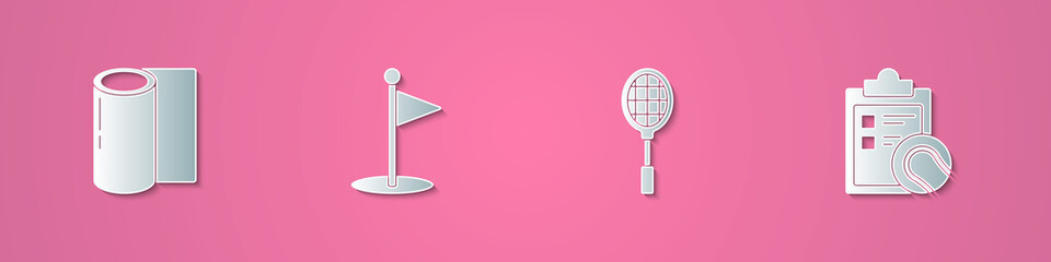 Set paper cut Fitness mat roll, Golf flag, Tennis racket and Checklist clipboard and tennis ball icon. Paper art style. Vector
