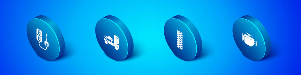 Set Isometric Car key with remote, tire wheel, Check engine and transporter truck icon. Vector