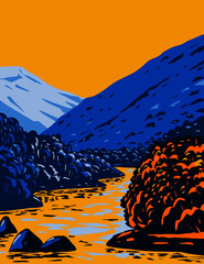 WPA poster art of the Rio Grande del Norte National Monument in fall located in Taos County, New Mexico, United Staes of America done in works project administration style style.