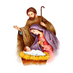 Christmas Nativity Scene. Watercolor botanical hand drawn illustration. Virgin Mary, Joseph and baby Jesus. Religious scene. Holy family