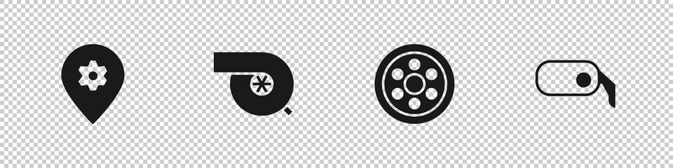 Set Location with car service, Automotive turbocharger, Alloy wheel and Car rearview mirror icon. Vector