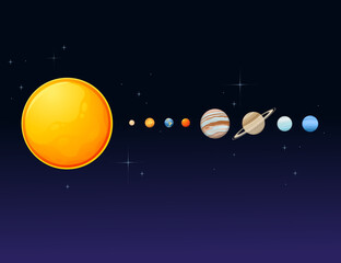 Obraz na płótnie Canvas Solar system with sun and planets space objects vector illustration on dark deep sky with stars background