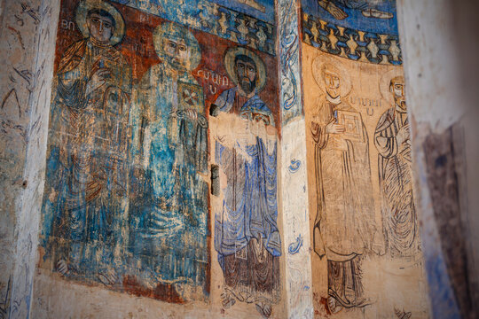 AKHTAMAR ISLAND, TURKEY, September 2020: Remains of Christian frescoes in the Armenian Church of the Holy Cross on Akhtamar Island (Akdamar) in Lake Van