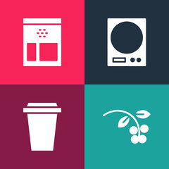 Set pop art Coffee bean, branch, cup to go, Electronic scales and Bag coffee beans icon. Vector