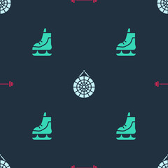 Set Barbell, Classic dart board and Skates on seamless pattern. Vector