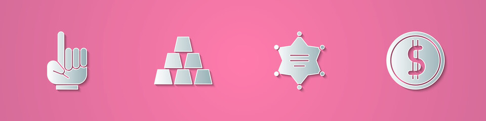 Set paper cut Number 1 one fan hand glove, Gold bars, Hexagram sheriff and Coin money with dollar icon. Paper art style. Vector