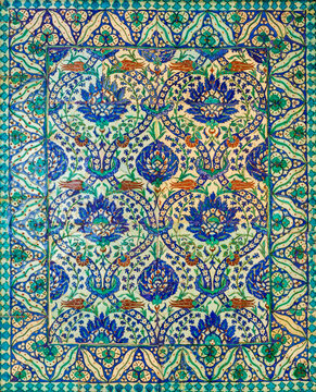 Wall decorated with traditional Ottoman era style glazed ceramic tiles from Iznik - Turkey - with floral ornamentations, Cairo, Egypt