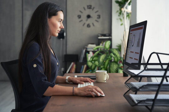 Adult serious woman working with charts on computer