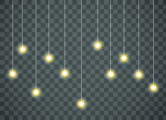 Realistic horizontal garlands with glow effect. Background with sparks and garlands. Glow light effect on transparent background