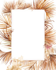 Watercolor summer floral frame. Hand drawn greeting card design with exotic leaves and branches isolated on white background. Palm tree, dried plants, orchid