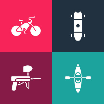 Set pop art Kayak or canoe, Paintball gun, Longboard skateboard and Bicycle icon. Vector