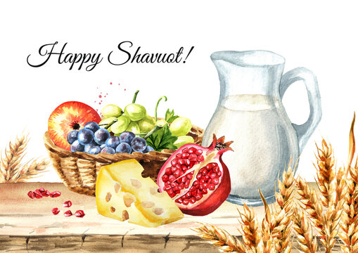 Shavuot card. Wheat, milk, dairy products, fruits. Symbol of Jewish holiday Shavuot. Watercolor hand drawn illustration isolated on white background