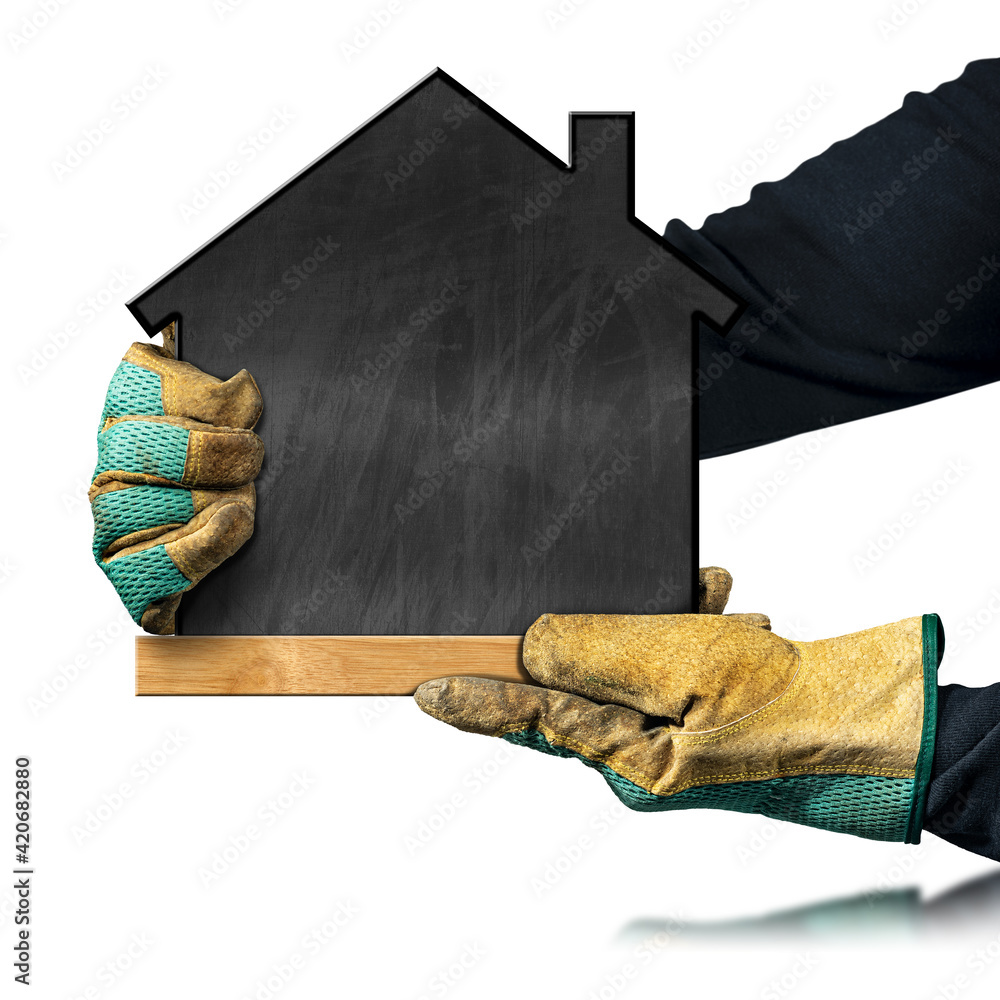 Poster hands with protective work gloves showing a blank chalkboard in the shape of a small house. isolated