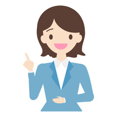 笑顔で指差しポースをするスーツ姿の女性